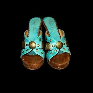 Diego di Luca Turquoise and Brown wood  platform wedges with Gold Accents